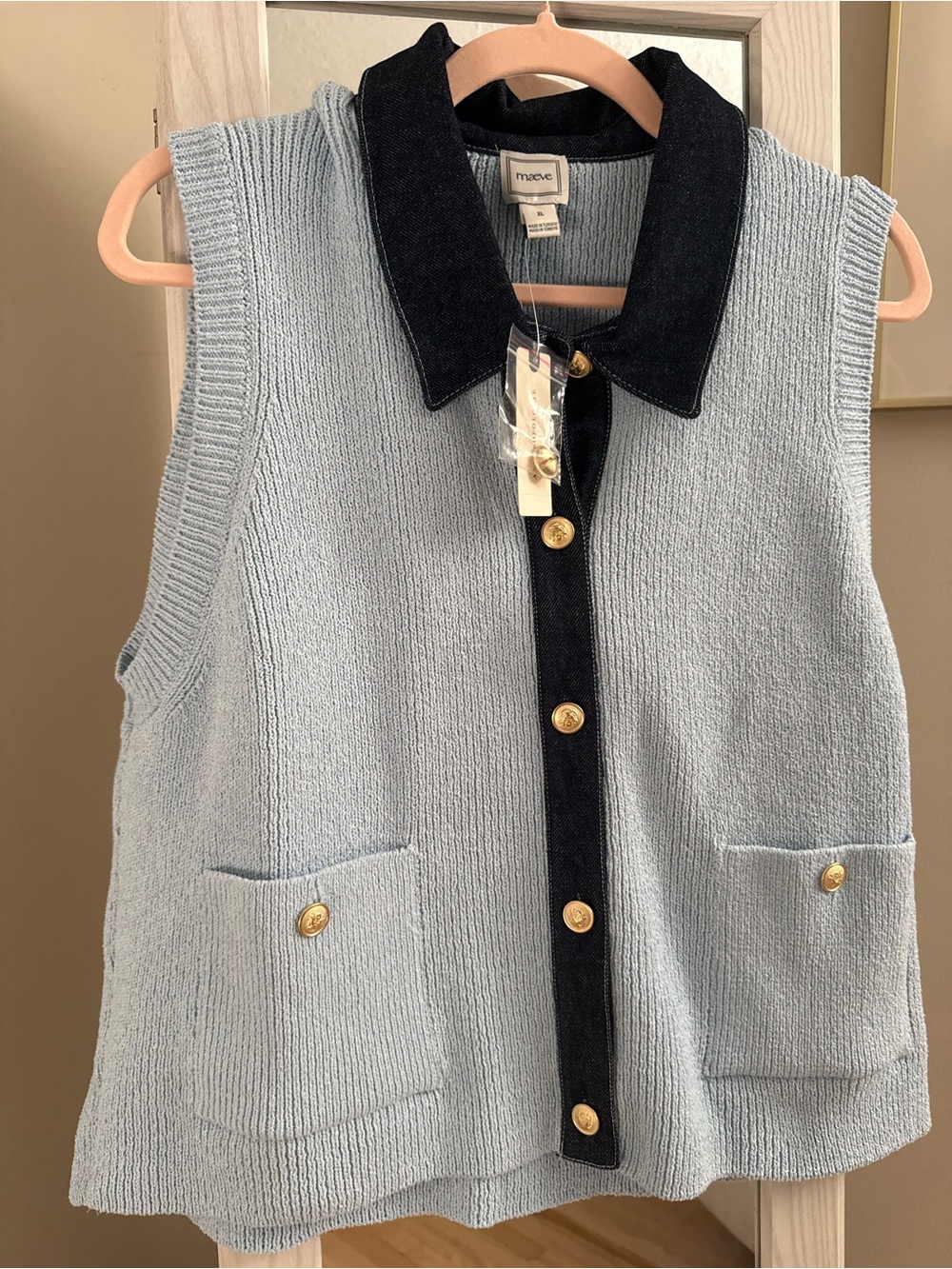 Anthropologie Maeve Light Blue Knit Vest with Dark Blue Trim